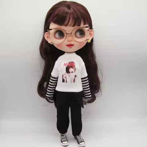 New Design White Striped T and Black Overalls Pants Suitable for Blythe Azone OB24 Licca 1/6 Dolls A