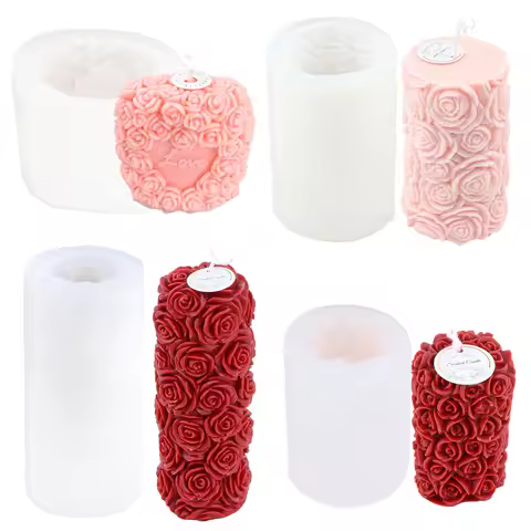 3D Rose Cylinder Candle Silicone Mold DIY Embossed Rose Pillar Scented Candle Making Wedding Decor T