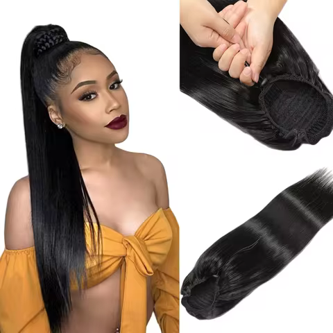 Dark Brown Drawstring Ponytails Straight Human Hair Extensions Brazilian Real Hair for Women 1B/99J 