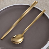 金色韓國筷子304不銹鋼家用方形防滑韓式餐廳餐具加厚實心扁筷子