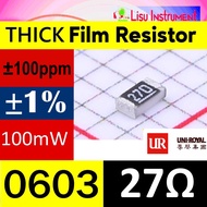 27Ω 0603 ±1% 100mW 75V ±100ppm/ C Thick Film Resistors 27R 27 270 0603WAF270JT5E UNI-ROYAL