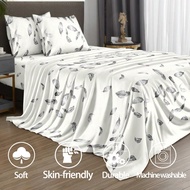 4pcs/Set White Feather Pattern Sheet Set Easy Care Microfiber Soft Bedding Set Floral Fitted Sheet S