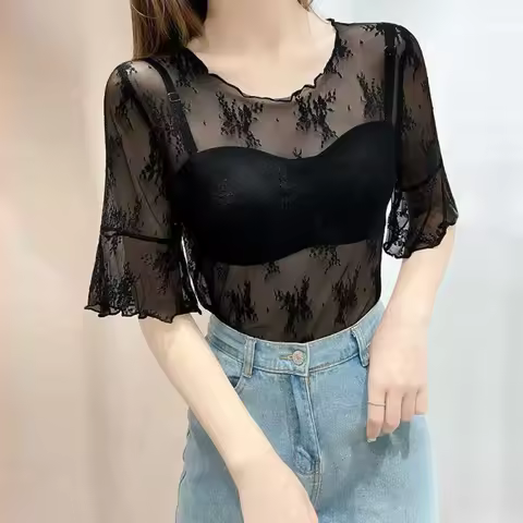 Women Flare Sleeve Transparent Flower Lace T Shirt Y2K Black White Coffee Grey T-shirt Half Sleeve O