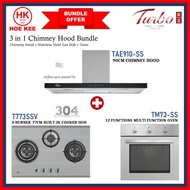 (BUNDLE) TURBO TAE910-SS 90CM CHIMNEY HOOD + TURBO T773SSV 3-BURNER STAINLESS STEEL GAS HOB + TURBO TM73-SS 12 FUNC OVEN