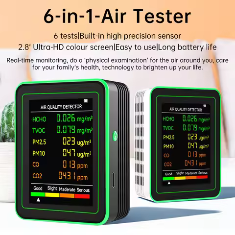 Air Quality Monitor 6-in-1 PM2.5, CO2, TVOC Monitor, Air Quality Detector, Formaldehyde Detector Mul