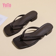 YOTO Women's Leather Flip Flops Sandals Premium Minimalist 4cm Block Heel Slide Sandals For Women