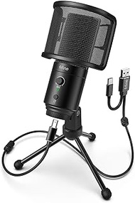 FIFINE USB Desktop PC Microphone with Pop Filter for Computer and Mac, Studio Condenser Mic with Gain Control Mute Button Headphone Jack for Gaming Streaming Recording YouTube, Extra USB-C Plug -K683A