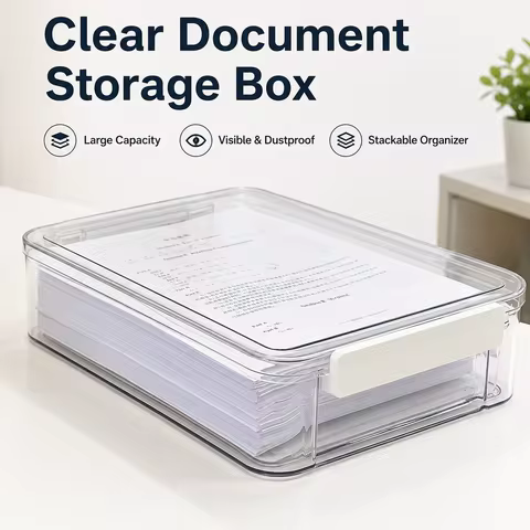 Transparent A4 Document Storage Box Stackable Dustproof Plastic File Organizer with Lid for Papers C