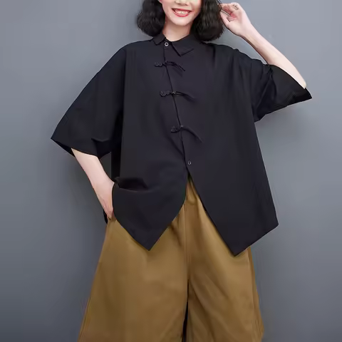 2024 New Arrival Dark Black Style Chinese Style Irregular Loose Summer Blouse Shirts Fashion Women C