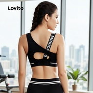 Lovito Sporty Bra Plain Contrast Tape Sports Push Up High Support & Breathable Yoga Running Training