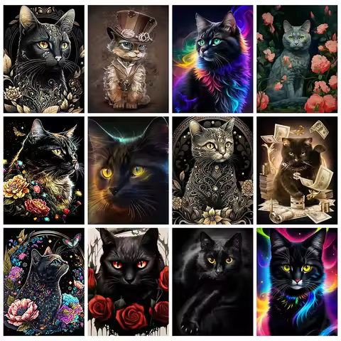EverShine Diamond Painting Cat Full Square Diamond Embroider Animal Picture Rhinestone Mosaic Black