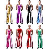 Eandarui Mens 70s 80s Disco Prom Jumpsuit Outfit Lapel V Neck Sleeveless Metallic Shiny Contrast Col