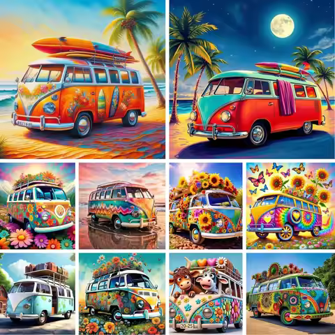 Surfer Combi Van Full Drill Diamond Painting Kit Beach Coastal Retro Bus Camper Diamond Art Cross St