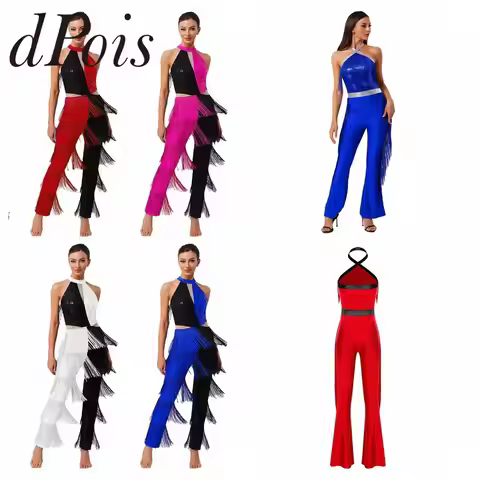 Women Hippie 70s Disco Costume Shiny Sequin Tassel Fringe Pants Retro Party One Piece Jumpsuit Prom 