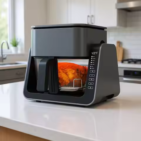 Glass Air Fryer & Grill Combo, Non-Toxic Rice, 360° Visible Cooking, 7 Presets, Compact for 1-2 Peop