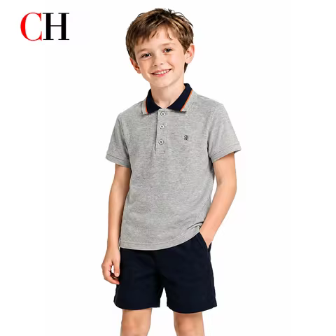 CH Kids Boy Short Sleeve Polo Shirt Contrast Edge Collar Embroidered Logo Cotton Daily School Sports