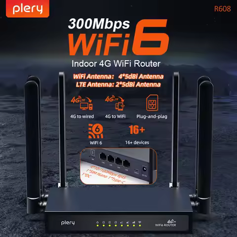 Plery 300Mbps 4G LTE WiFi6 Router 6*High Gain Antennas Dual Band 2.4G/5G 4*100M Ports for Home/Offic