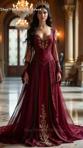 Medieval Corset Prom Dress With Flare Sleeves Long Burgundy Vintage Evening Gown Gold Lace Appliques