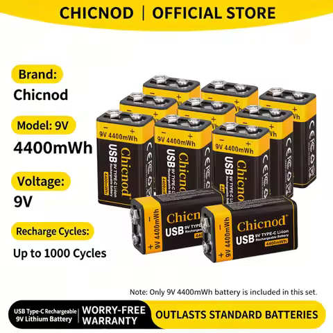 CHICNOD 9V Rechargeable Battery 4400mWh USB Type C Li-ion Battery 9 Volt Rechargeable Battery for Gu