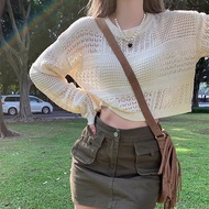 Newlan ZZ096 Sweater Potongan Tipis Longgar Untuk Wanita Crop Top Rajut Jaring/Outer Knit Atasan Rou
