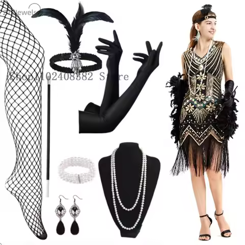 1920s Gatsby Cosplay Sequin Beaded Fringed Paisley Flapper Dress with 20s Accessories Set New Party 