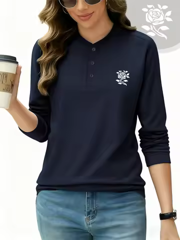 Rose With Leaves Printed Cotton Henley Shirt Women Winter Sporty T-Shirts Warm Long Sleeves Undershi