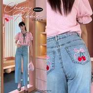 FLAT2112 FD0039 : CHERRY RIBBIE DENIM กางเกงยีนส์ผ้ายืด ทรงกระบอก ปักลายเชอร์รี่