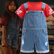 Girl Set Movie Same Style Stitch Cosplay Costume Kids Summer Short sleeved T-shirt+Cowboy Strap Pant