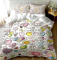 Cute Heart Duvet Cover Set Twin Size,Love You Heart Printed Bedding Duvet Cover for Kids Girls,Soft 