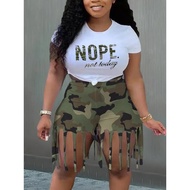 LW Plus Size Shorts Set Camo Tassel Y2k Graphics Top Shorts Set Femme Short Sleeve Two Pieces Set Ca