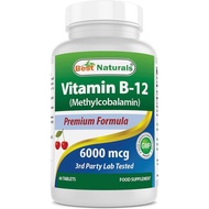 Vitamin B-12 Semulajadi Terbaik sebagai Methylcobalamin (Methyl B12), Tablet 6000 mcg, 60 Kiraan