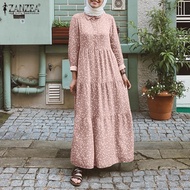 ZANZEA Women Long Puff Sleeve Printed Ruffle Muslim Maxi Dress