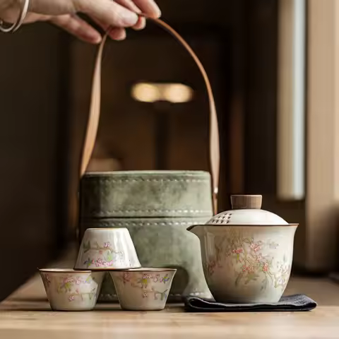 Ruyao Kuaike Cup Pink Peach Yingchun Three Cups Four Square Pack Ceramic Travel Kung Fu Tea Set Port