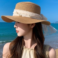 New Straw Hat Female Fashion Temperament Senior Sense Of Pearl Flute Sun Hat Flat Top Lace Sun Hat
