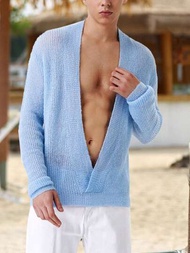 Manfinity Chillmode 男士淺藍色春季襯衫和秋季鬆身深V領落肩長袖毛衣
