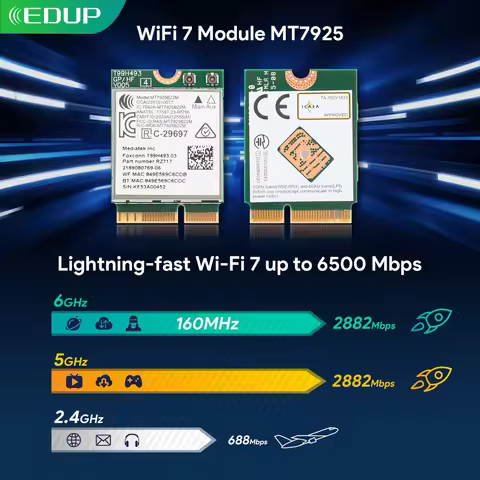 EDUP MT7925 WiFi 7 BE6500 M.2 2230 Wireless Card Bluetooth 5.4 Tri-Band 2.4G 5G 6GHz 802.11be for Wi
