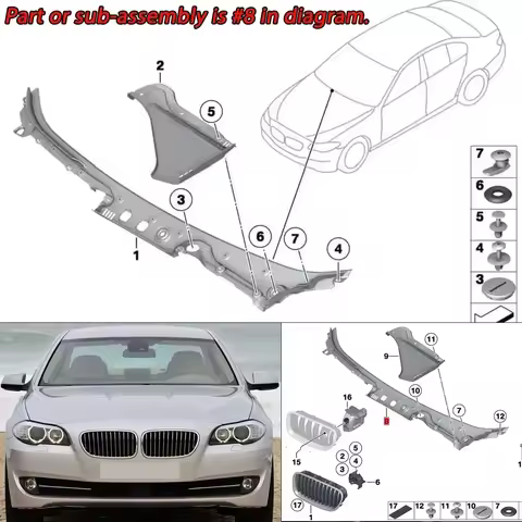 For 2011-2016 BMW 5-Series F10 F11 528i 535d 535i 550i M5 Windshield Wiper Cover Vent Cowl Grille Pa