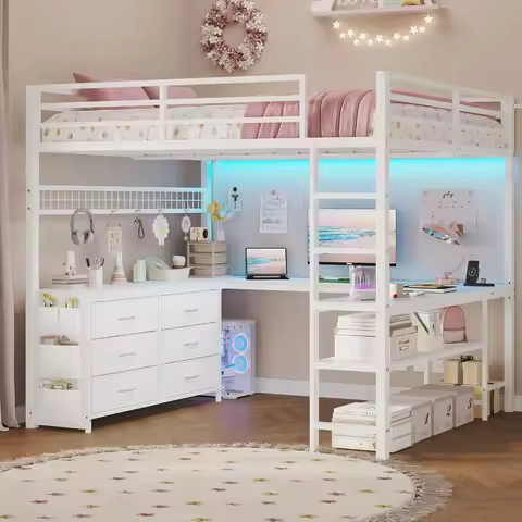 Loft Bed Full Size with U-Shaped Desk, 6 Storage Drawers, Power Outlet, LED Metal Loft Bed with 2 St