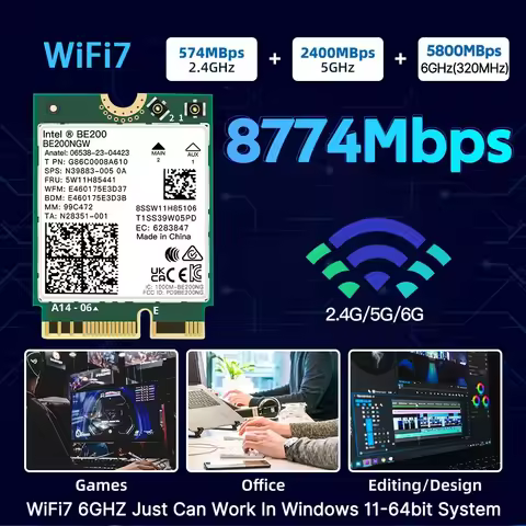 BE200 WiFi7 BE200NGW M.2 Wireless Network Card 8774Mbps Tri Band 2.4G 5G 6GHz Bluetooth5.4 WiFi6E Ad