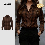 (New Arrival) Lovito Elegant Blouse Button Front Autumn/winter Brown Blouse for Women BLK8BR165 Lovi