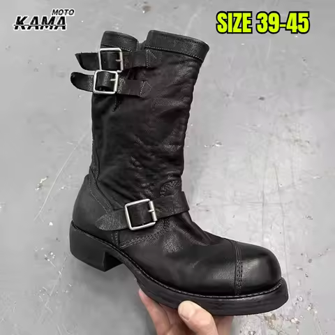 Retro Motorcycle Men's Boots Mid-Calf Knight American Engineer Boots Aged Large Head Boots Leather S