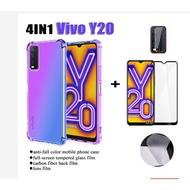 (4in1) VIVO Y20i Y50 Y30 Y12S Y17 Y15 Y12 Y19 Y11anti-fall color mobile phone case + full-screen tempered glass film + carbon fiber back film + lens film