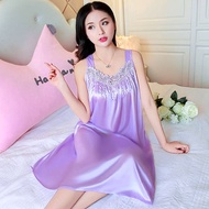 Women's nightgown Piyama seksi bersaiz besar, baju tidur sutera ais musim panas wanita, pakaian rumah nipis, suspender musim panas, gaun panjang tanpa lengan