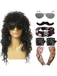 8入組70年代80年代搖滾巨星重金屬假髮套裝,包括太陽眼鏡、手套、紋身袖套等,用於80年代朋克派對配件,長假髮、太陽眼鏡、假鬚、頭巾、手套、花朵袖套
