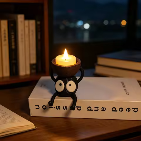 3D Printed Soot Sprite Tea Candle Holder Cute Black Coal Elf Tealight Holder Creative Candlestick Ho