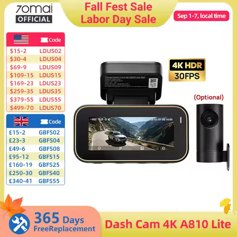 70mai Dash Cam A810 Lite 4K HDR + 1080P, Supercapacitor 4G LTE Remote Control Wi-Fi 6 GPS Voice Cont