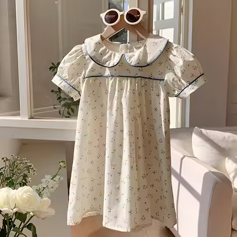 2025 New Summer Sister Clothing 2-7Yrs Kids Princess Dresses Short Sleeved Cotton Flower Print Baby 