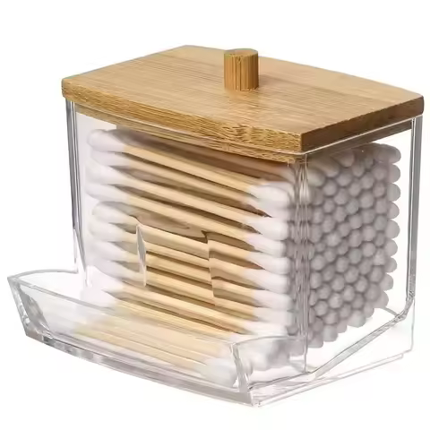 1Pieces Transparent Square Cotton Swab Storage Box With Bamboo Lid Cotton Bud Toothpick Organizer Ba