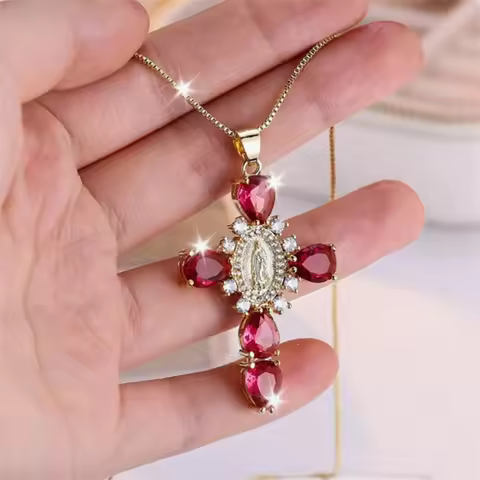 Micro Pave Set Zircon Inlaid Madonna Cross Necklace Collarbone Chain for Men and Women