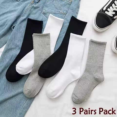 3 Pairs Pack Men's Socks Black White Gray Middle Tube Crew Socks Short Ankle Socks Casual Fashion Sp